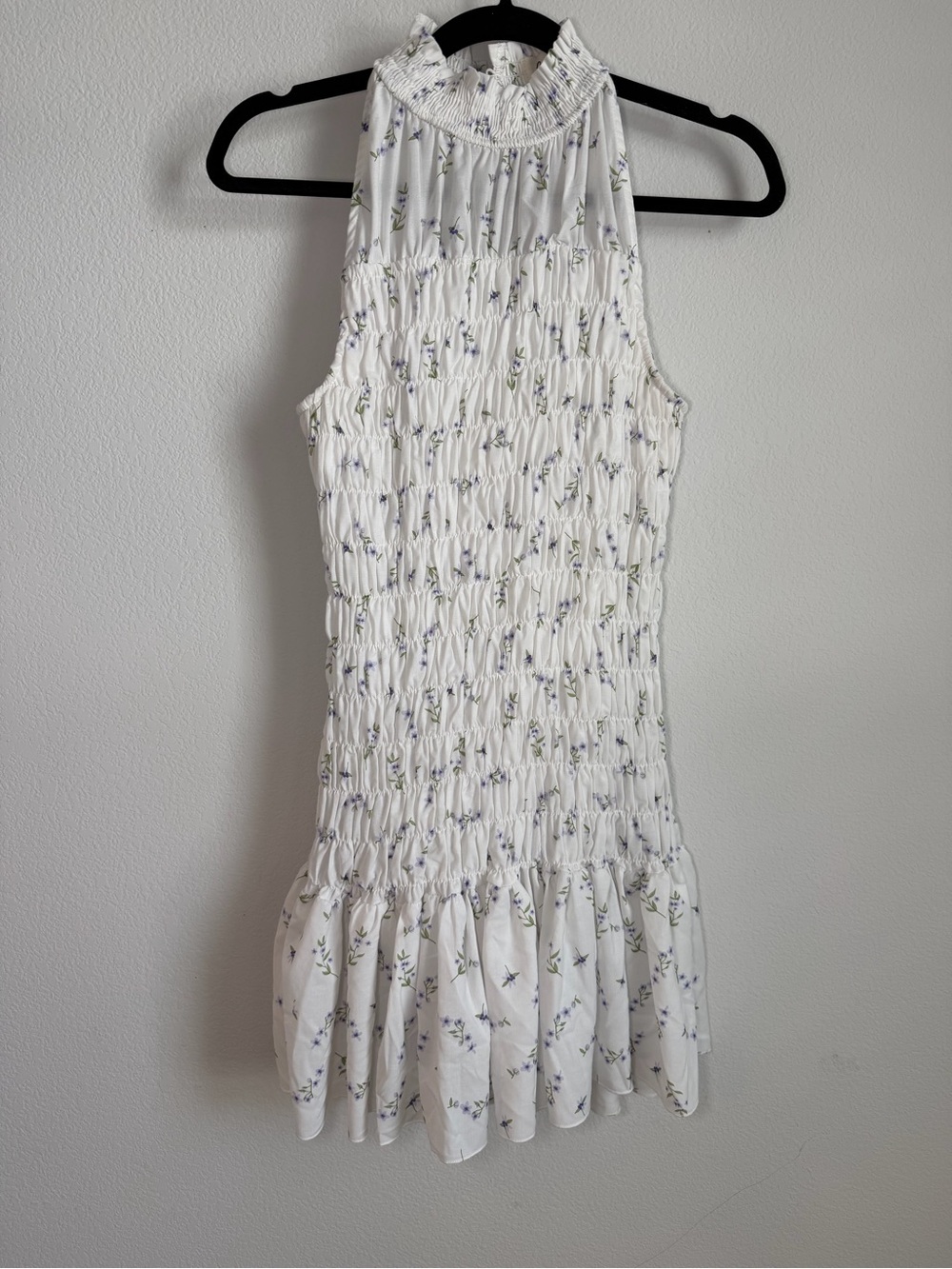 Lena White Smocked Halter Mini Dress with Lavender Sprigs